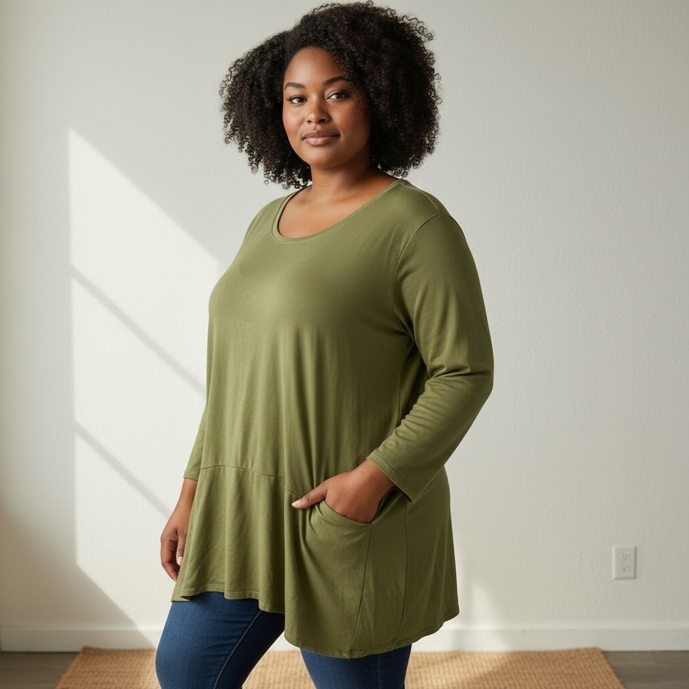 Pure J Jill Green Tunic Top XL Green Pockets Minimalist Lagenlook Artsy Earthy